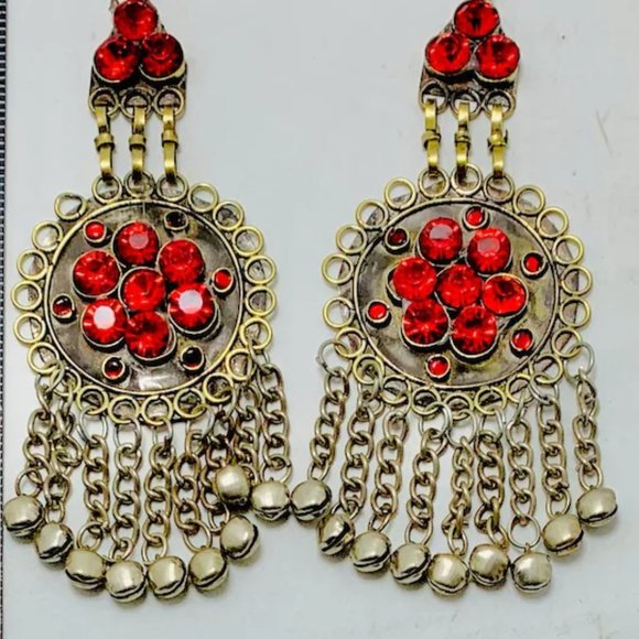 Kuchi Red Dangle Earrings, Massive Ethnic Afghan Earrings, Kuchi Tribal Jewelry - Picture 3 of 10